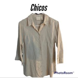 NWOT Chico’s Women’s Linen No Iron 3/4 Sleeve Button Down Top Size Small Beige